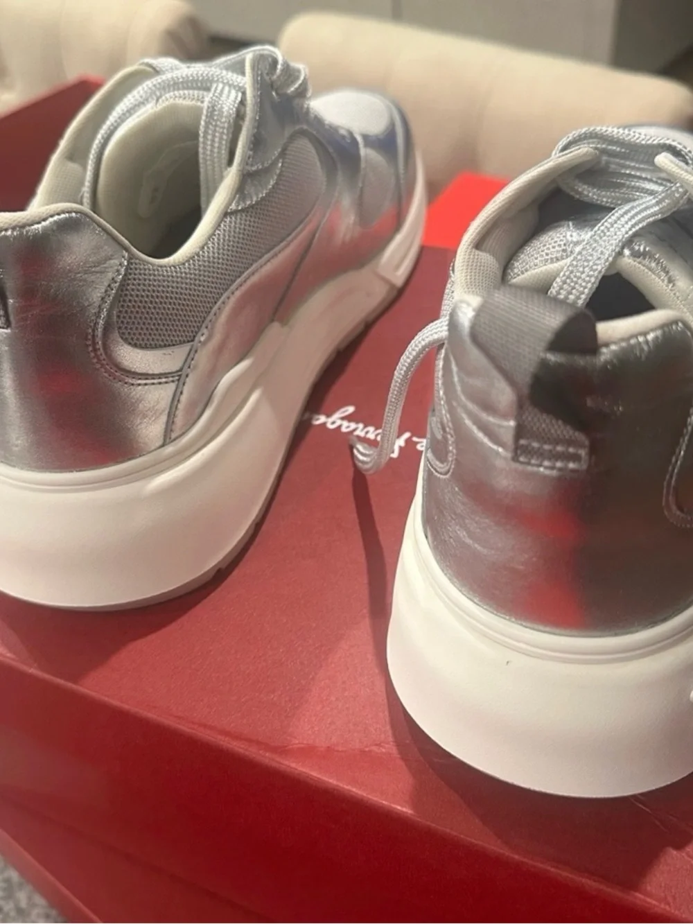 Designer men Salvatore Ferragamao Silver Metallic Platform Sneakers -